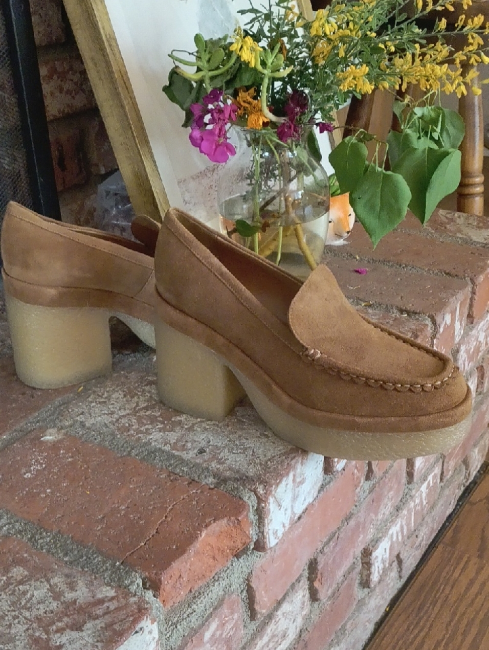Women’s Suede Chunky Heel Loafers — Tan - Picture 2 of 10